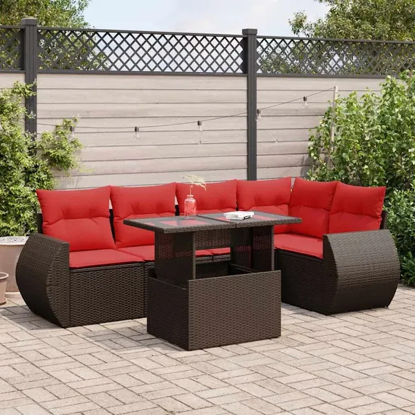 Salon de jardin avec coussins 6pcs marron résine tressée acacia