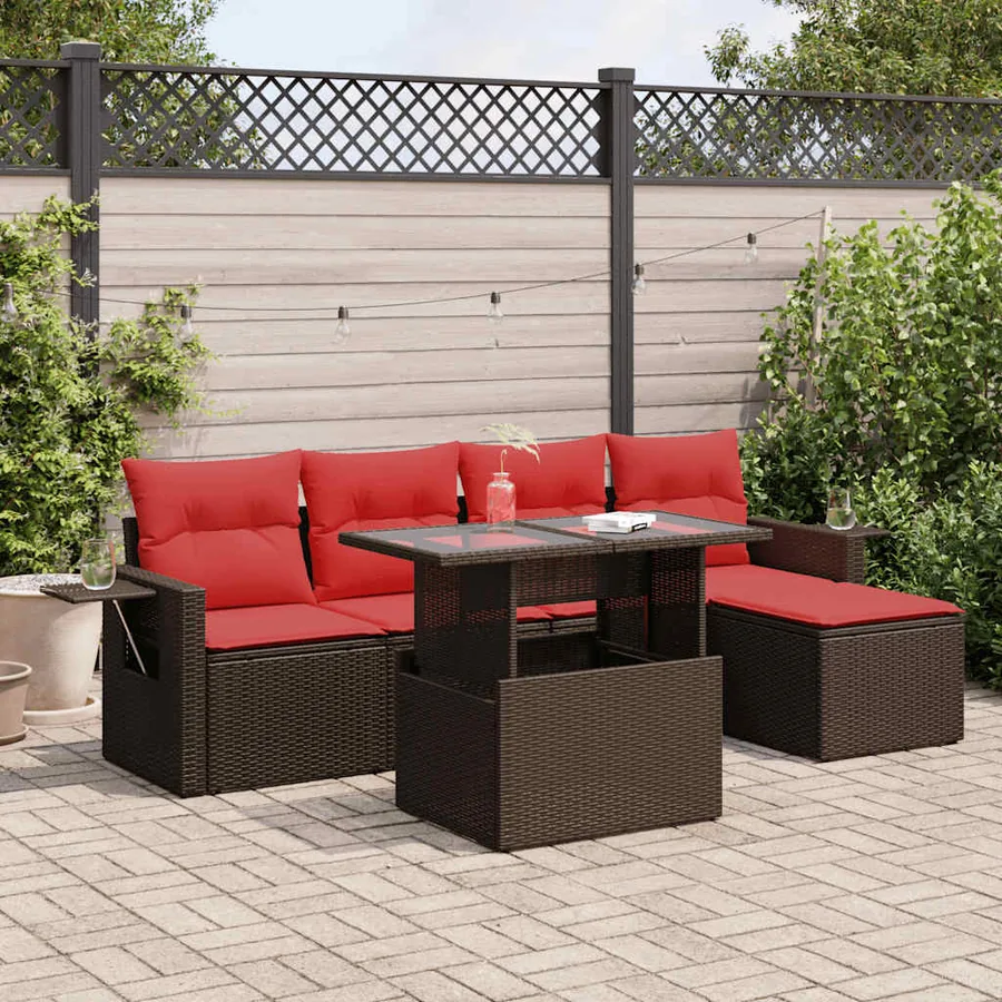 Salon de jardin avec coussins 6 pcs marron résine tressée acacia