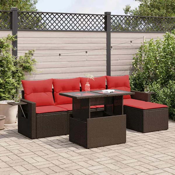 Salon de jardin avec coussins 6 pcs marron résine tressée acacia