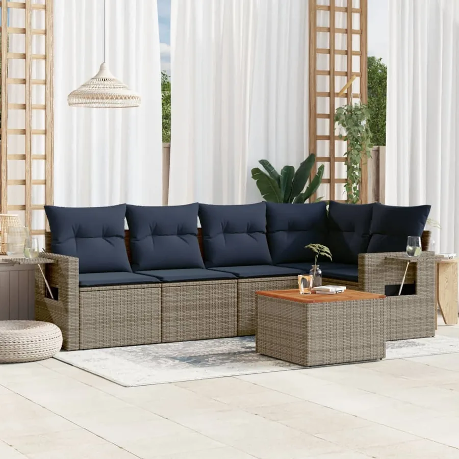 Ensemble de canapé de jardin 6 pcs avec coussins gris résine tressée