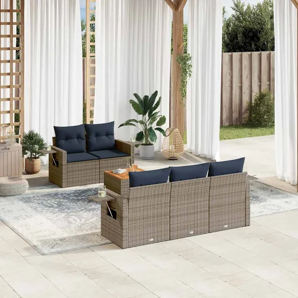 Ensemble de canapé de jardin 6 pcs avec coussins gris résine tressée