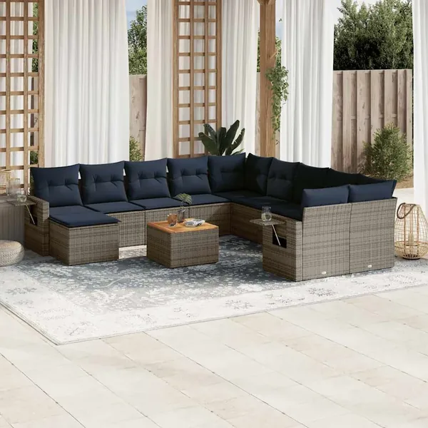 Ensemble de canapé de jardin 12 pcs avec coussins gris résine tressée