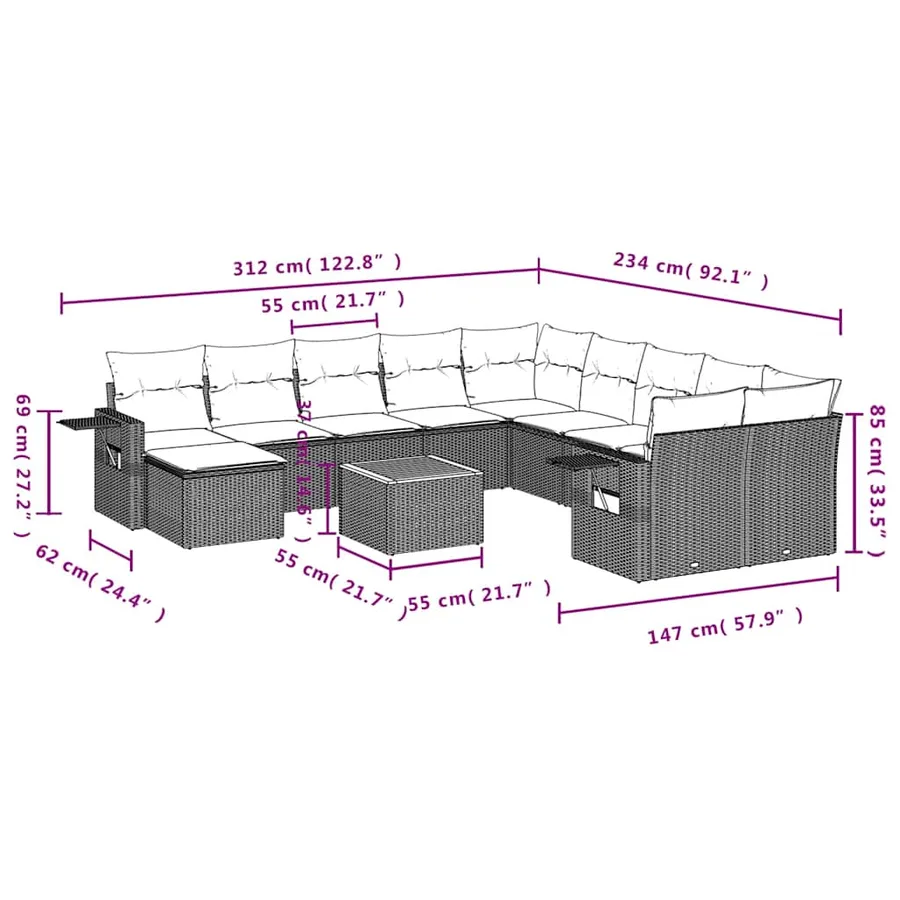 Ensemble de canapé de jardin 12 pcs avec coussins gris résine tressée - 10