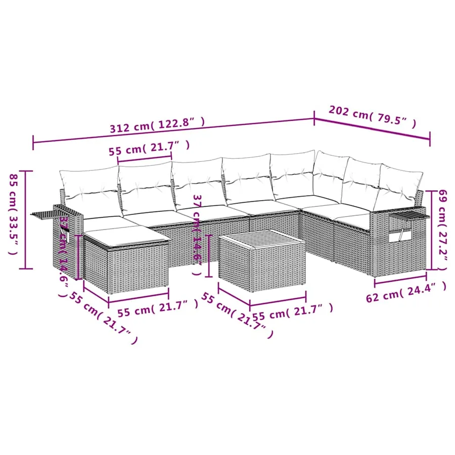 Ensemble de canapé de jardin 9 pcs avec coussins gris résine tressée - 10