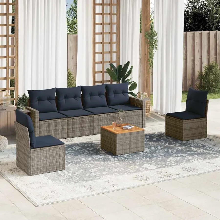 Ensemble de canapé de jardin 7 pcs avec coussins gris résine tressée