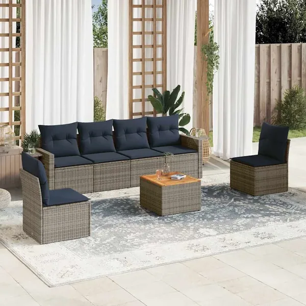 Ensemble de canapé de jardin 7 pcs avec coussins gris résine tressée