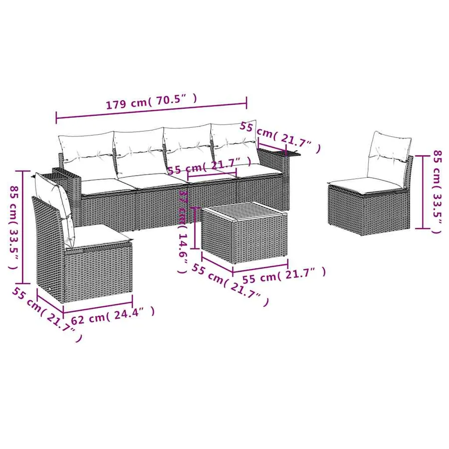 Ensemble de canapé de jardin 7 pcs avec coussins gris résine tressée - 8