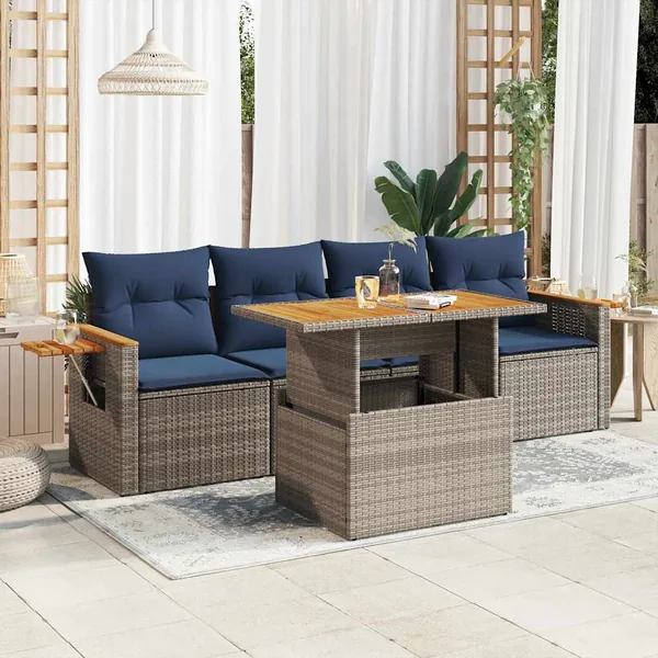 Salon de jardin 5 pcs avec coussins gris résine tressée