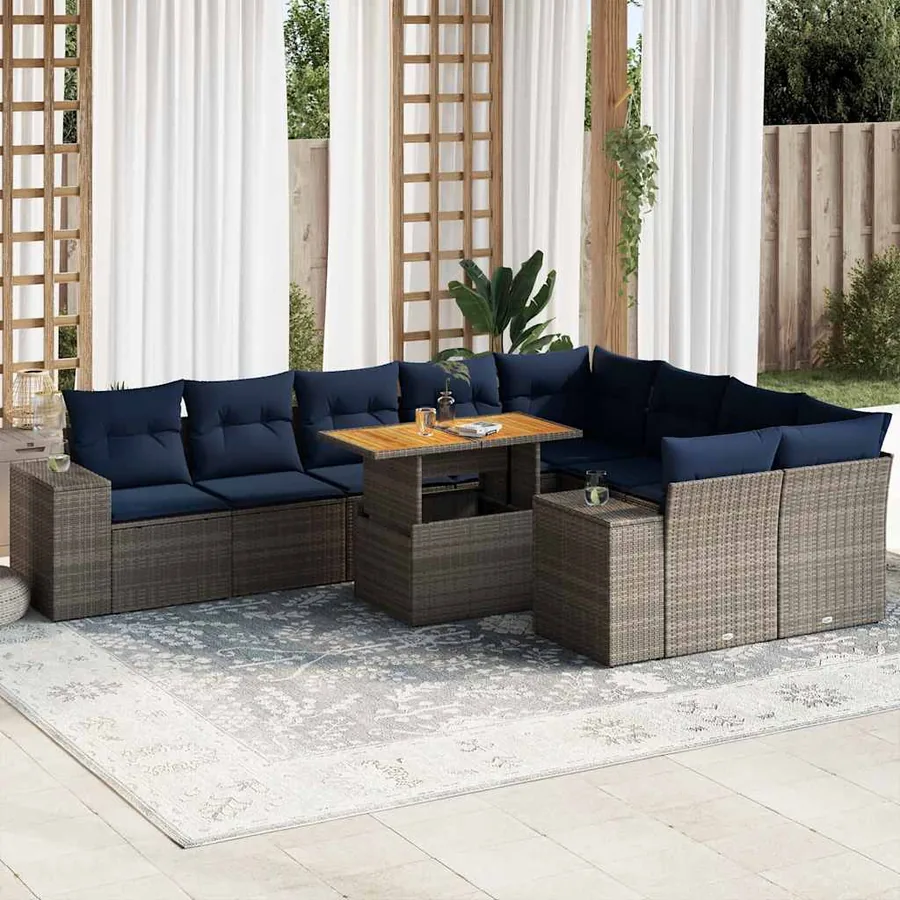 Salon de jardin avec coussins 10 pcs gris résine tressée