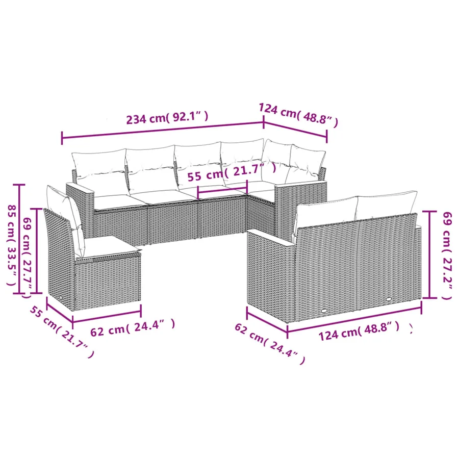 Ensemble de canapé de jardin 8 pcs avec coussins gris résine tressée - 7
