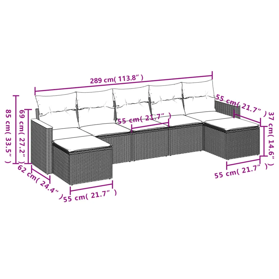Ensemble de canapé de jardin 7 pcs avec coussins gris résine tressée - 8