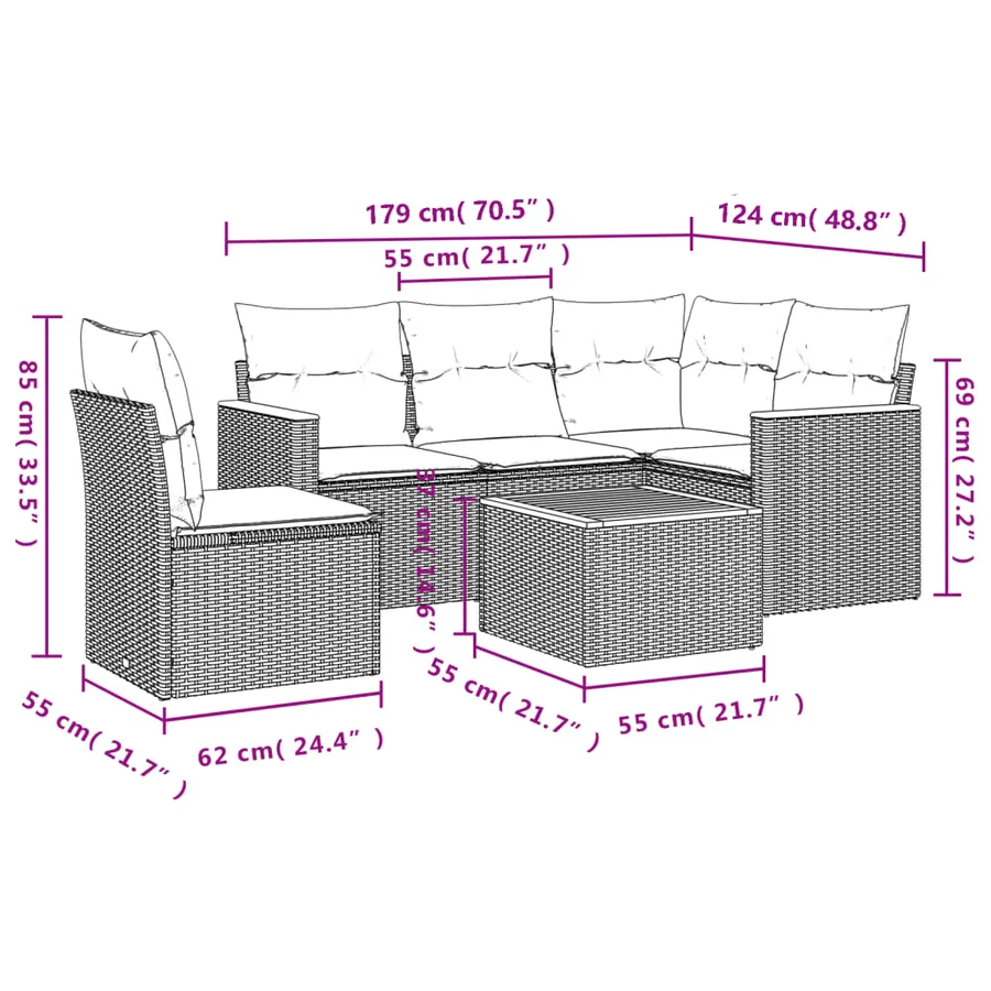 Ensemble de canapé de jardin 6 pcs avec coussins gris résine tressée - 8