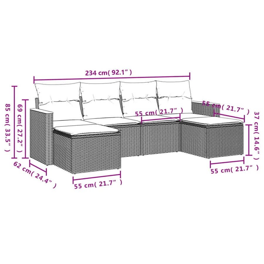 Ensemble de canapé de jardin 6 pcs avec coussins gris résine tressée - 8