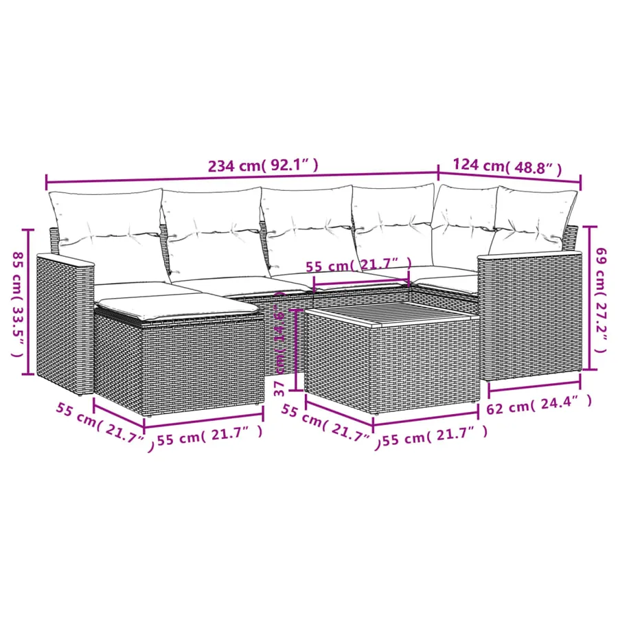 Ensemble de canapé de jardin 7 pcs avec coussins gris résine tressée - 9