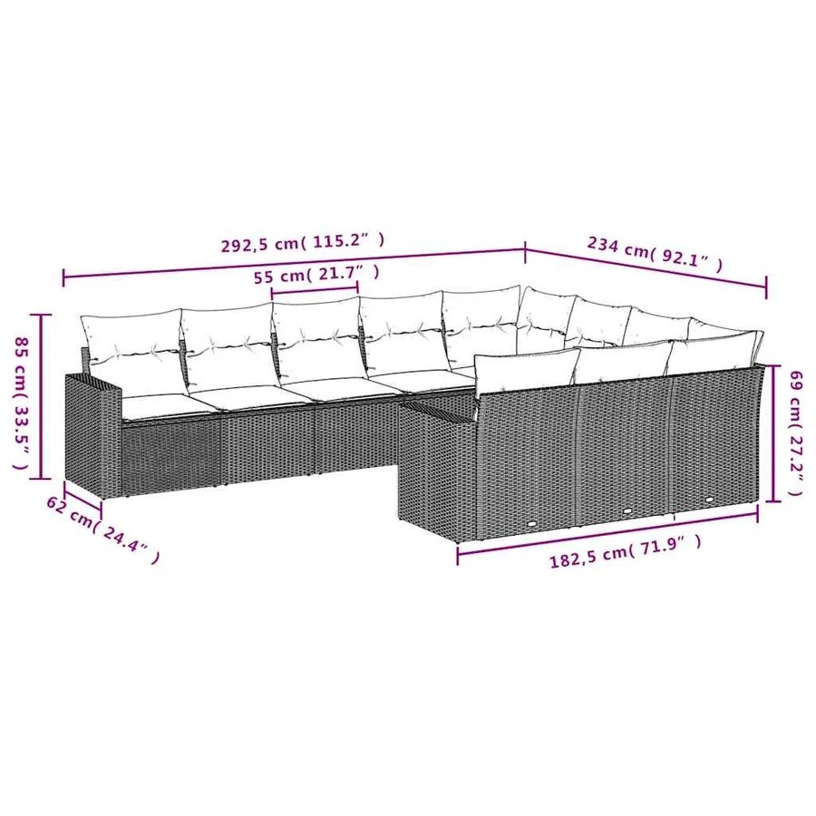 Salon de jardin 10 pcs avec coussins gris résine tressée - 7