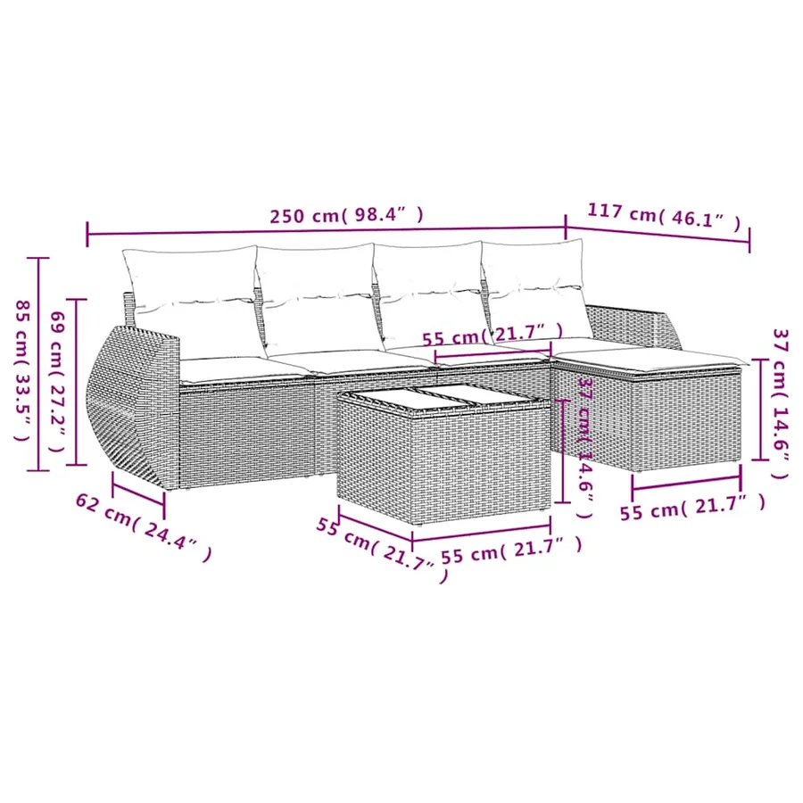 Ensemble de canapé de jardin 6 pcs avec coussins gris résine tressée - 8