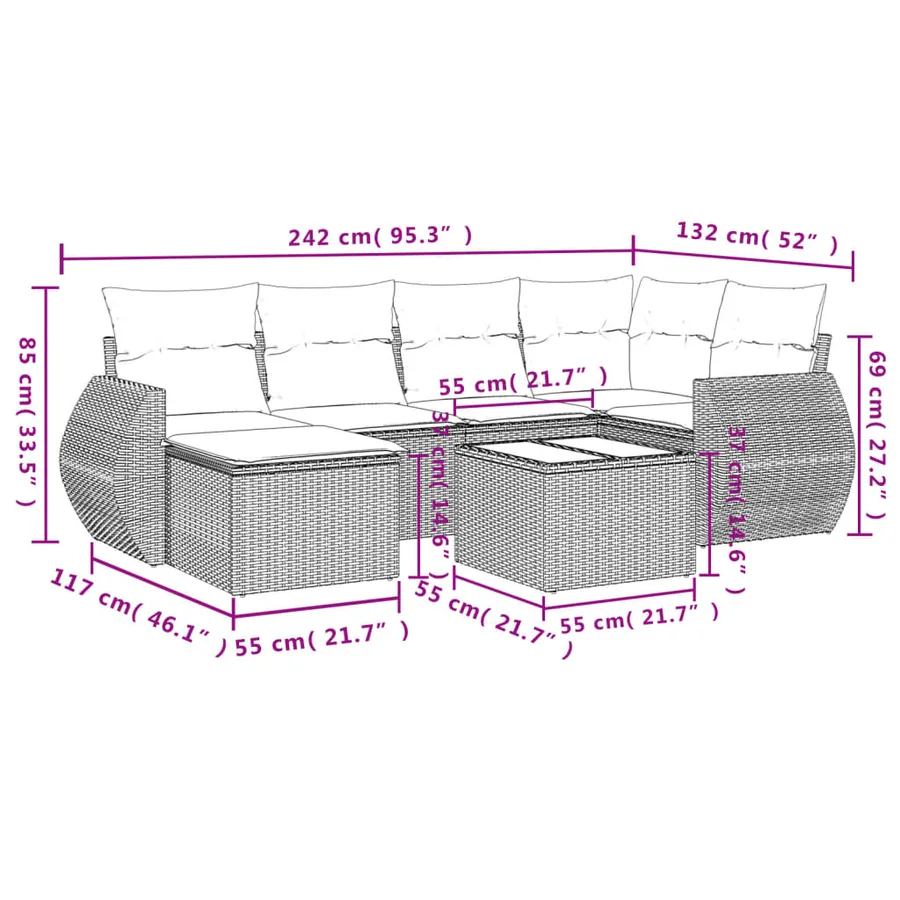 Ensemble de canapé de jardin 7 pcs avec coussins gris résine tressée - 9