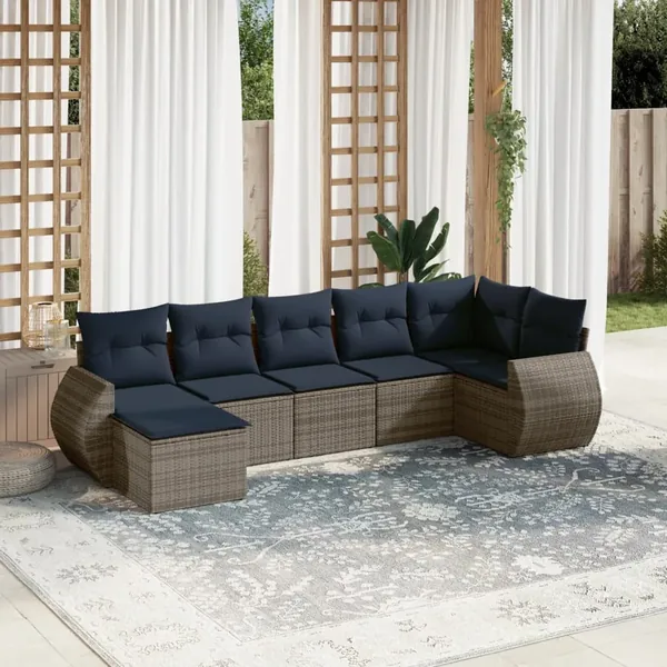 Ensemble de canapé de jardin 7 pcs avec coussins gris résine tressée