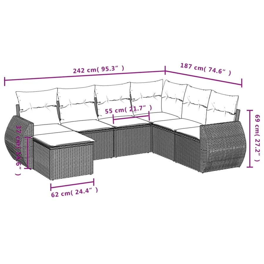 Ensemble de canapé de jardin 7 pcs avec coussins gris résine tressée - 8