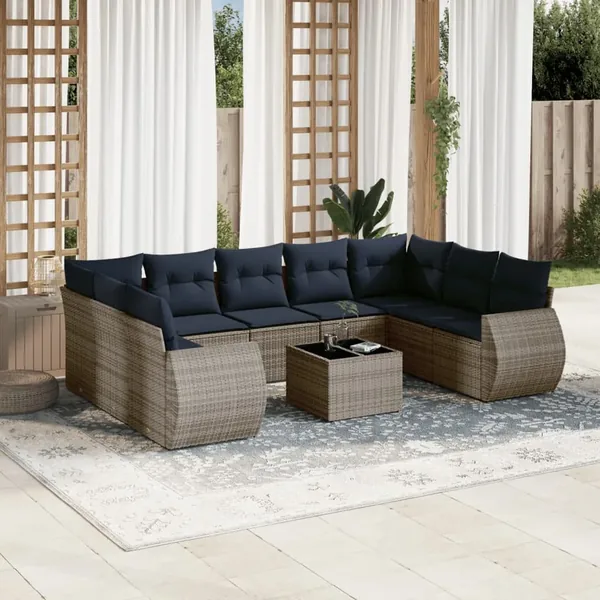 Ensemble de canapé de jardin 10 pcs avec coussins gris résine tressée