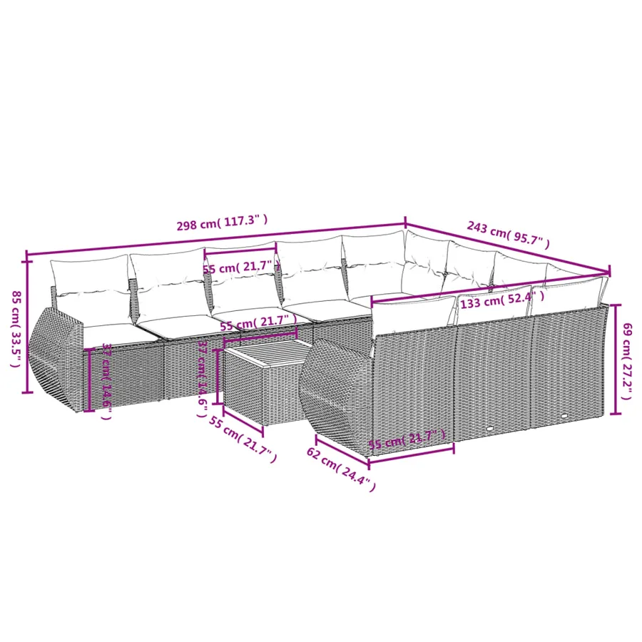 Ensemble de canapé de jardin 11 pcs avec coussins gris résine tressée - 8