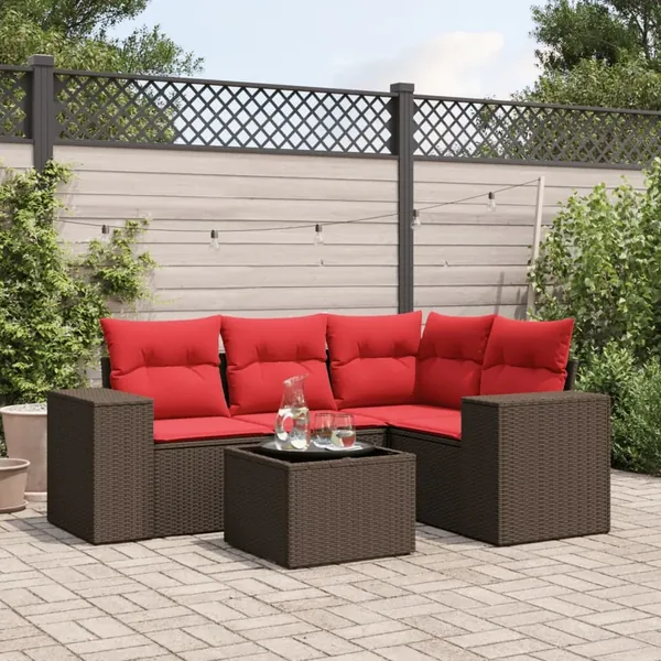 Ensemble de canapé de jardin 5 pcs avec coussins marron résine tressée