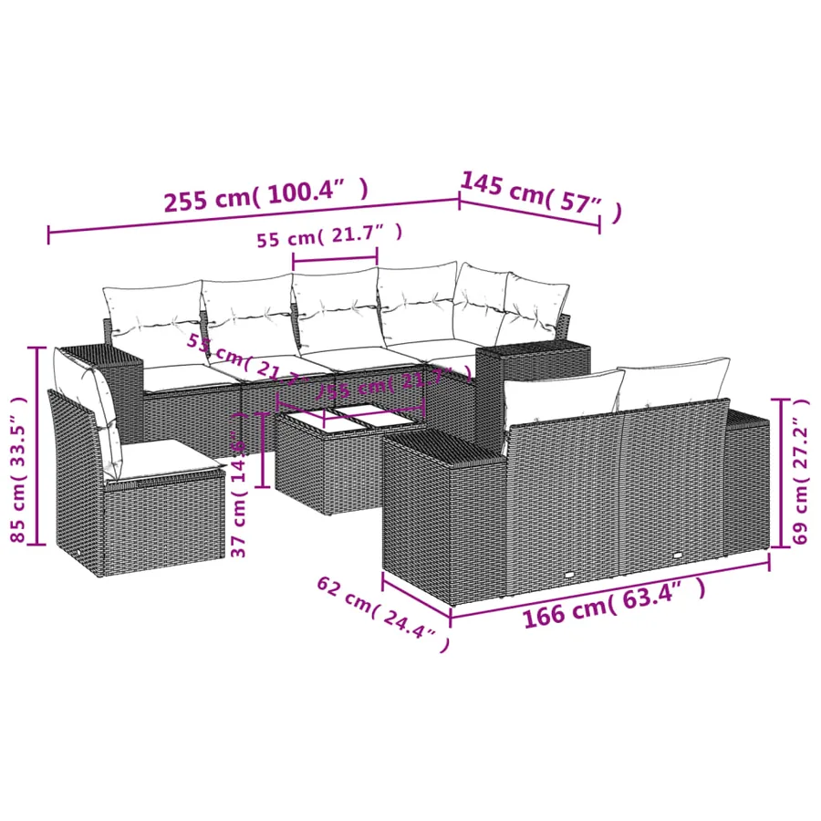 Ensemble de canapé de jardin 9 pcs avec coussins marron résine tressée - 8