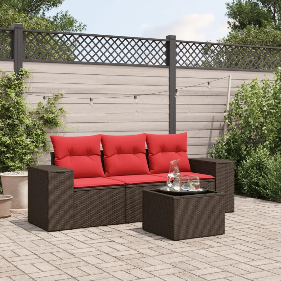 Ensemble de canapé de jardin 4 pcs avec coussins marron résine tressée