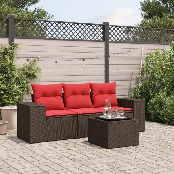 Ensemble de canapé de jardin 4 pcs avec coussins marron résine tressée