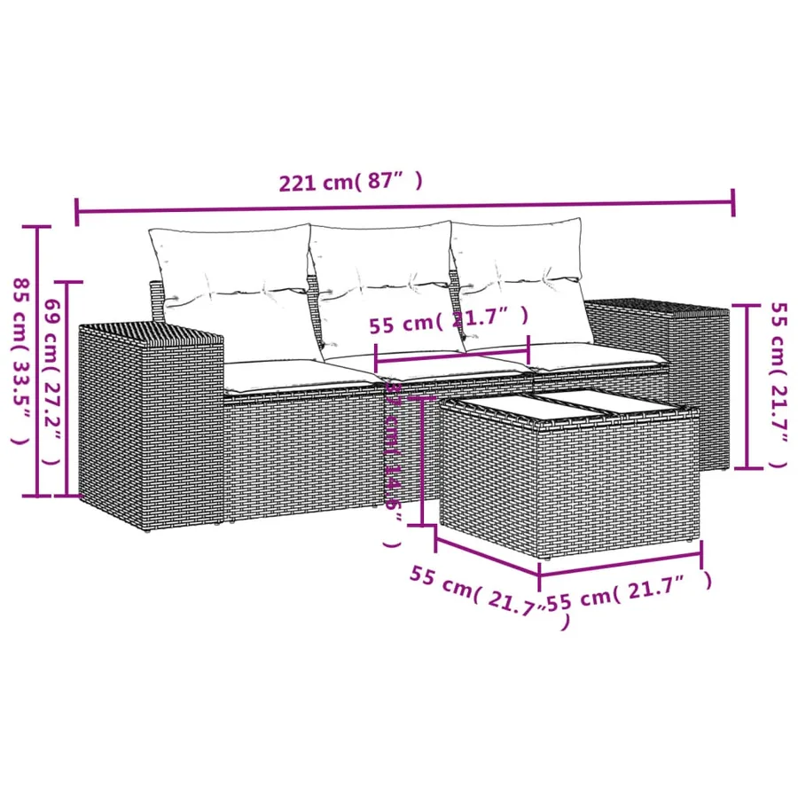 Ensemble de canapé de jardin 4 pcs avec coussins marron résine tressée - 8
