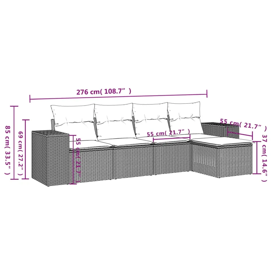 Ensemble de canapé de jardin 5 pcs avec coussins marron résine tressée - 8