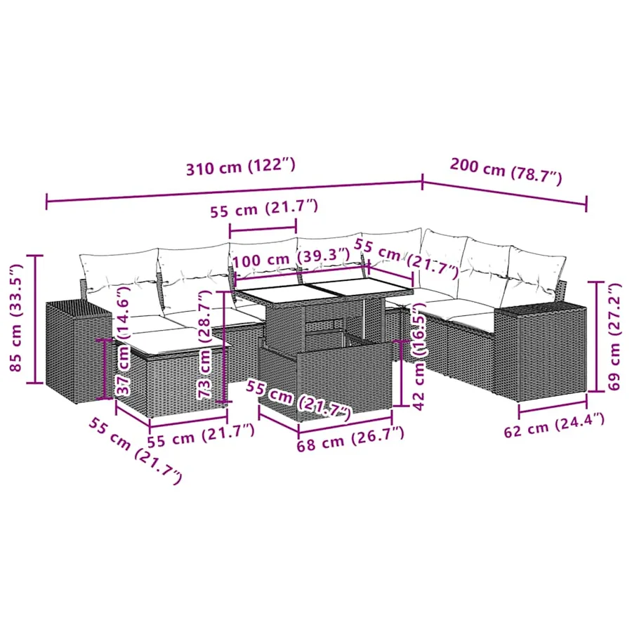 Ensemble de canapé de jardin 9 pcs avec coussins marron résine tressée - 11