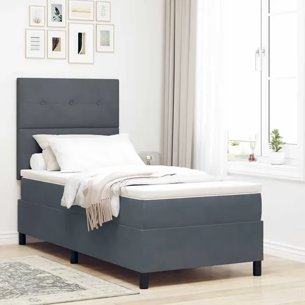 Lit à ressorts avec tête de lit Gris foncé 90 x 200 cm Velours