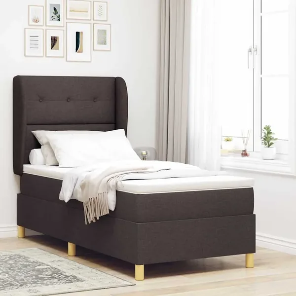 Lit à ressorts avec tête de lit Marron foncé 200 x 90 cm tissu