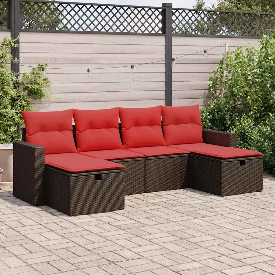 Salon de jardin avec coussins 6 pcs marron résine tressée