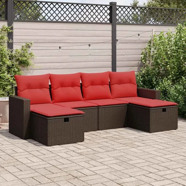Salon de jardin avec coussins 6 pcs marron résine tressée