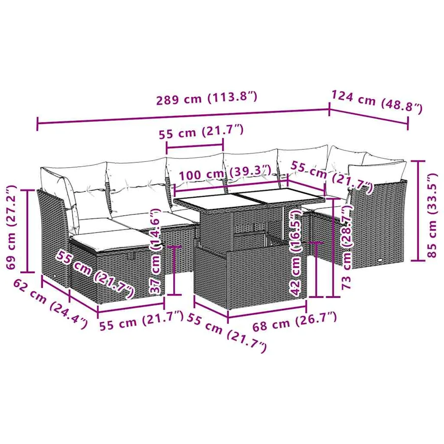 Ensemble de canapé de jardin 8 pcs avec coussins marron résine tressée - 12