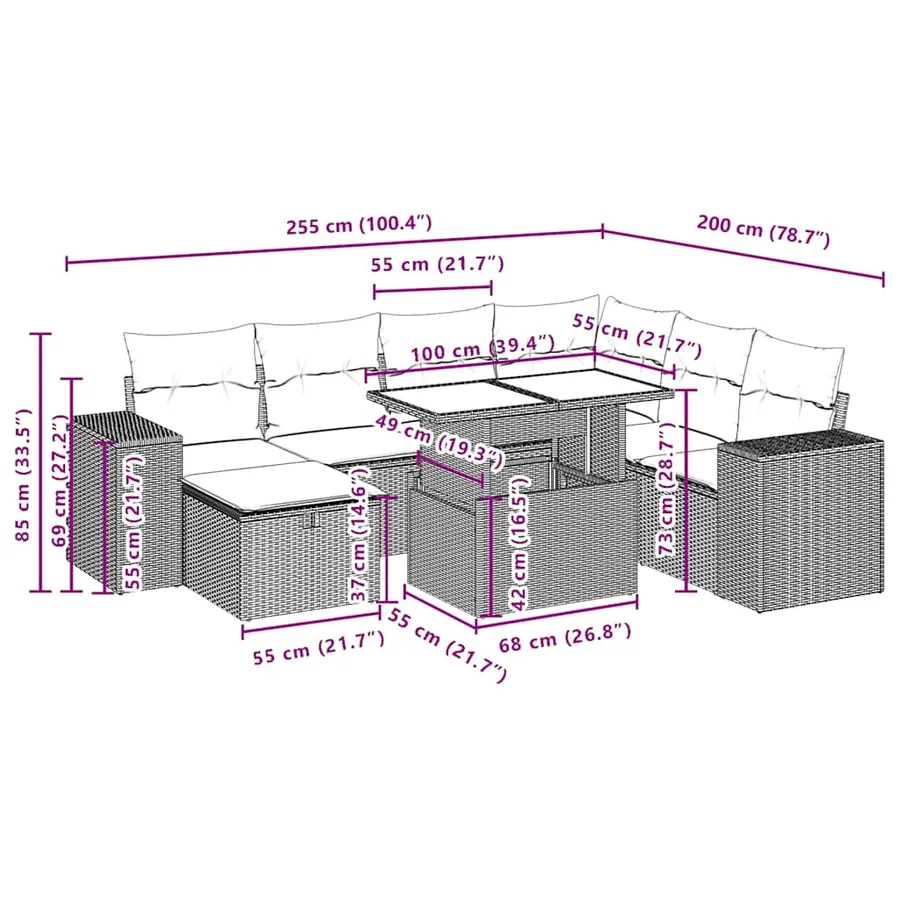 Ensemble de canapé de jardin 8 pcs avec coussins marron résine tressée - 13