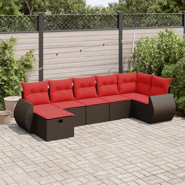 Salon de jardin avec coussins 7 pcs marron résine tressée