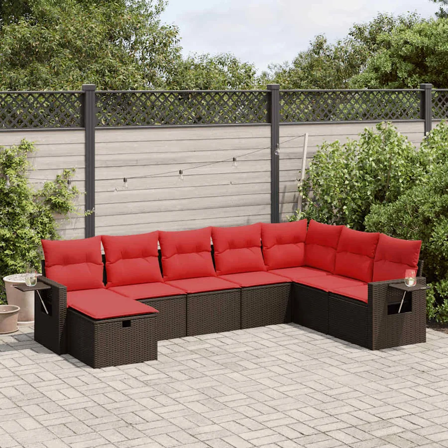Salon de jardin 8 pcs avec coussins marron résine tressée