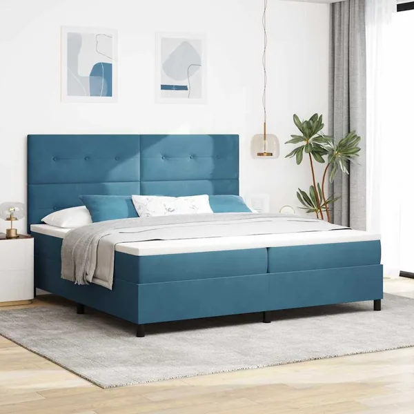 Lit à ressorts avec tête de lit Bleu foncé 200 x 200 cm Velours