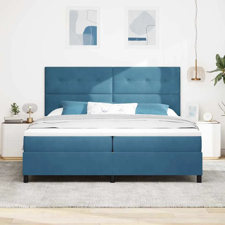 Lit à ressorts avec tête de lit Bleu foncé 200 x 200 cm Velours - 3