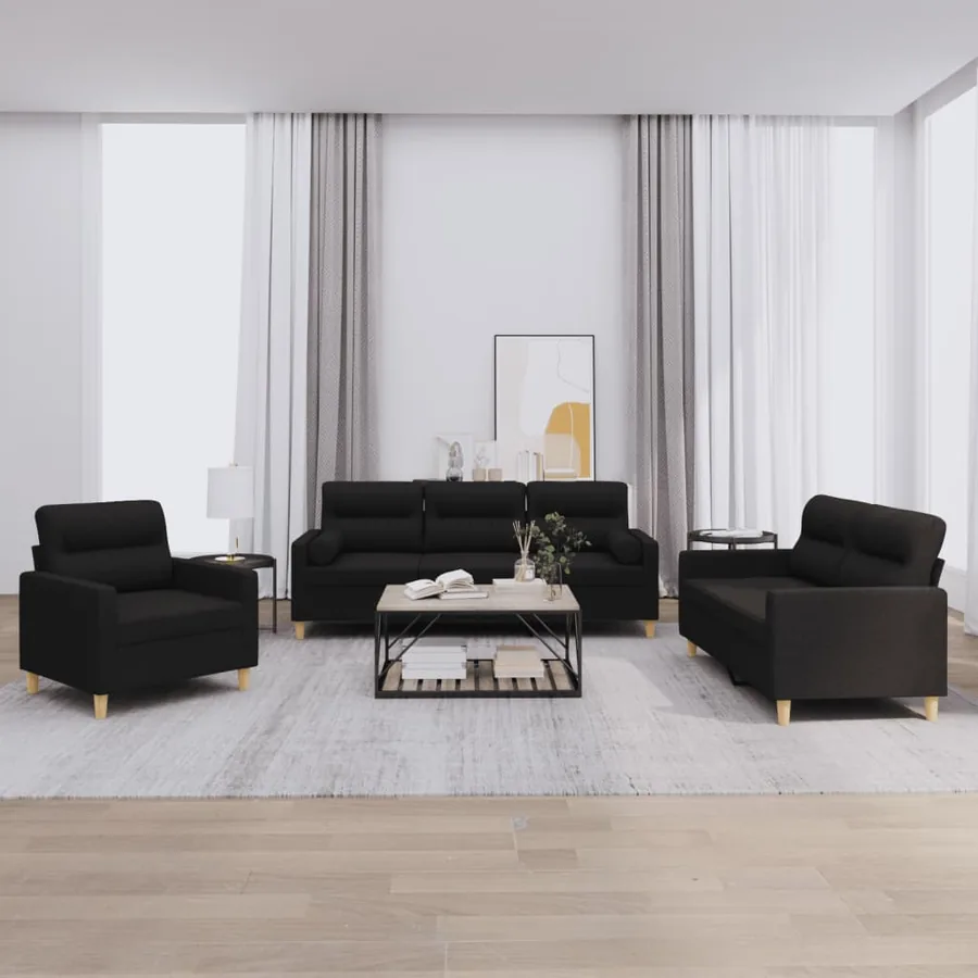 Ensemble de canapés 3 pcs avec coussins noir tissu