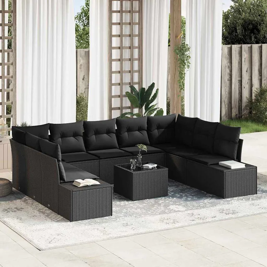 Ensemble de canapé de jardin avec coussin 9 pcs Noir Polyrotin