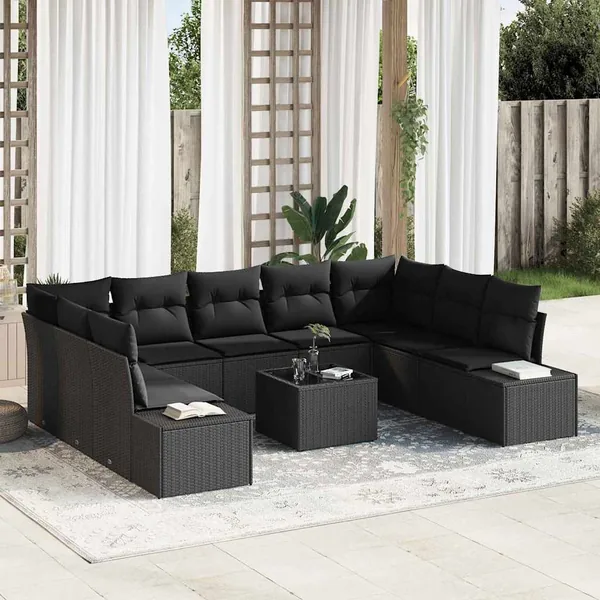 Ensemble de canapé de jardin avec coussin 9 pcs Noir Polyrotin