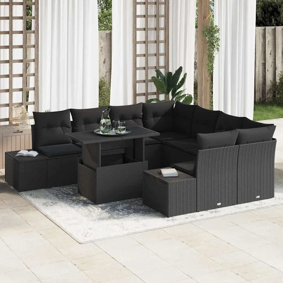 Ensemble de canapé de jardin avec coussin 9 pcs Noir polyrotin