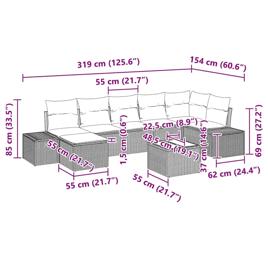 Ensemble de canapé de jardin avec coussin 7 pcs Beige polyrotin - 15