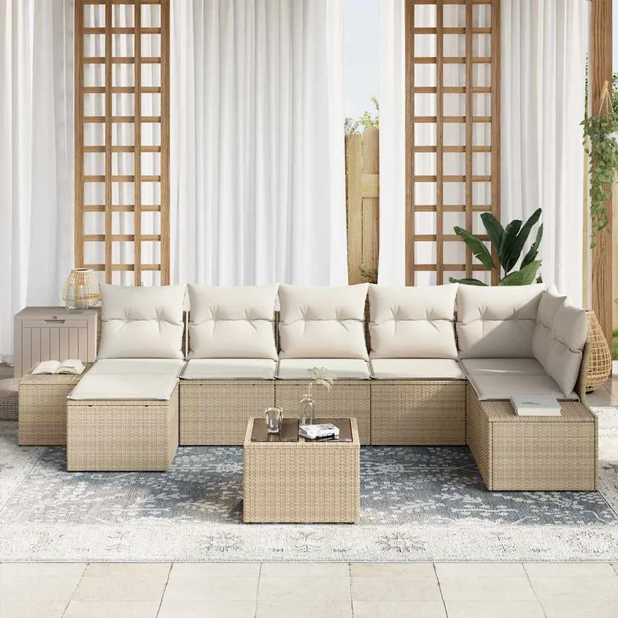 Ensemble de canapé de jardin avec coussin 7 pcs Beige polyrotin - 3