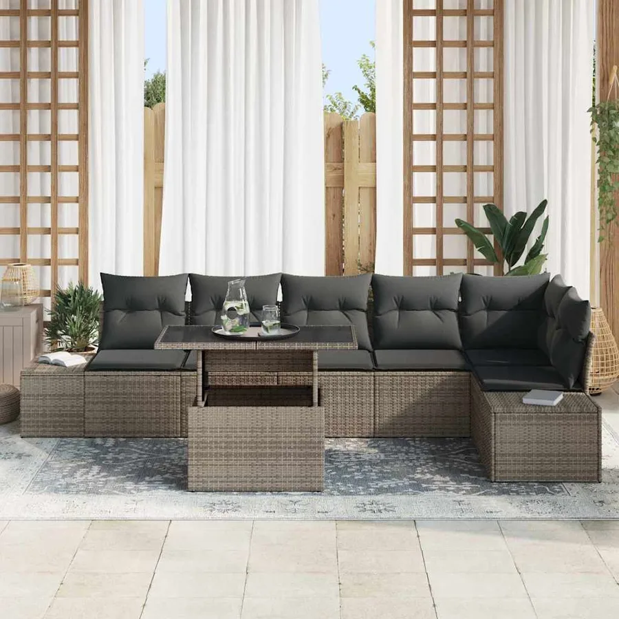 Ensemble de canapé de jardin avec coussin 7 pcs Gris polyrotin - 3