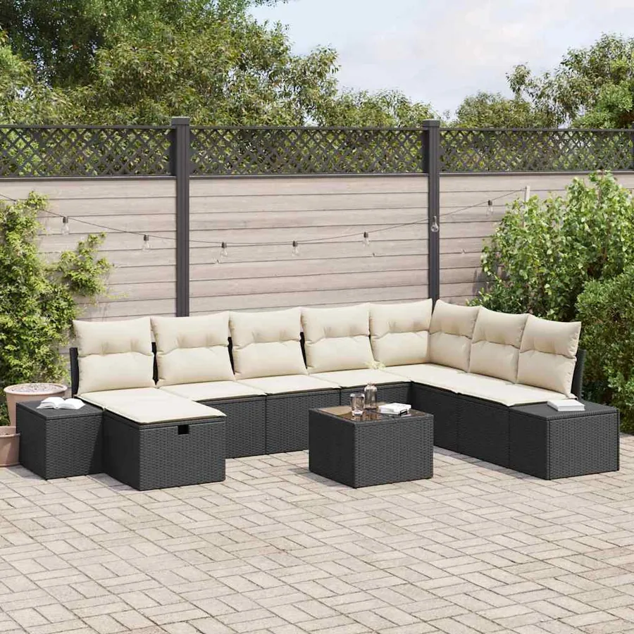 Ensemble de canapé de jardin 9 pcs Noir Poly rotin